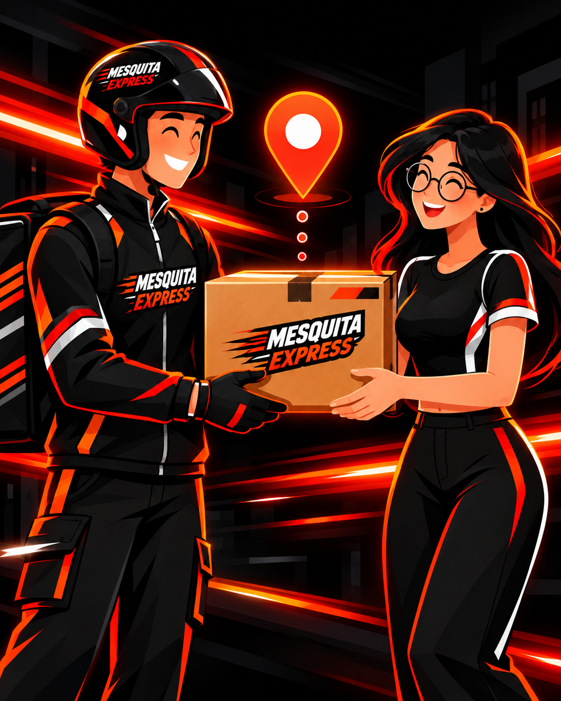 Entregador Mesquita Express entregando uma encomenda à cliente